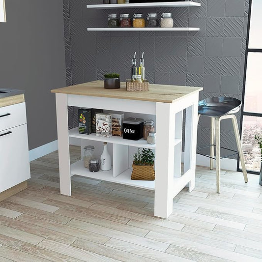 GOWE Rockaway 3-Shelf Kitchen Island White and Light Oak