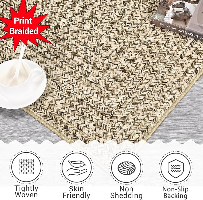 Printed Washable Area Rugs 8 x 10 Rug for Living Room Modern Bedroom Rug Natural Imitation Braided Large Area Rug Non Slip Throw Rugs Stain Resistant Carpet for Nursery Dining Room 8'x10'