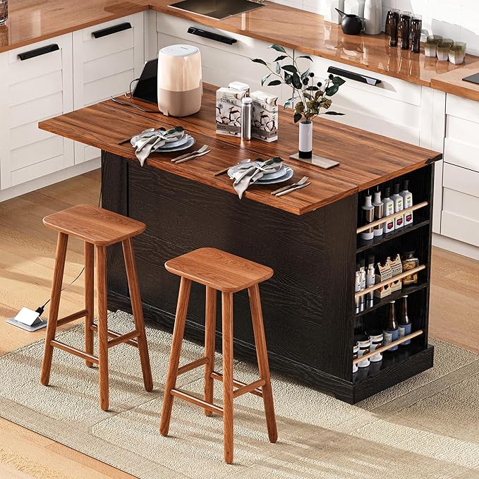 Merax 53'' Farmhouse Kitchen Island with 2 Tempered Glass Cabinet Doors, Power Outlet, Rolling Kitchen Storage Cart on Wheels with Drop Leaf, 5 Open Racks, 3 Drawers for Dining Room, Black