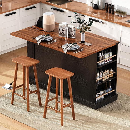 GOWE K&K 53'' Farmhouse Kitchen Island with Two Tempered Glass Cabinet Doors, Power Outlet, Rolling Kitchen Cart on Wheels with Drop Leaf, 5 Open Side Racks, 3 Drawers, for Kitchen, Dining Room, Black