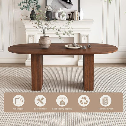 63" Water-Resistant Island Table, Rustic Dining Table with Wood Strip Base, Mid Century Dining Table with Spacious Oval Design for Home, Walnut