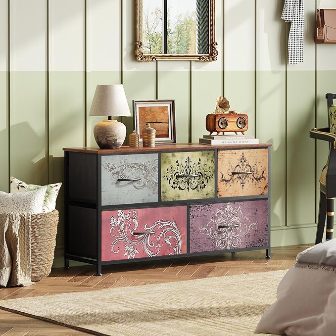 WLIVE Dresser for Bedroom with 5 Drawers, Wide Chest of Drawers, Fabric Dresser, Storage Organizer Unit with Fabric Bins for Closet, Living Room, Hallway, Pattern