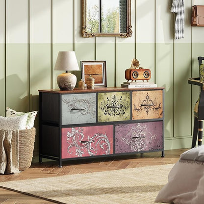 WLIVE Dresser for Bedroom with 5 Drawers, Wide Chest of Drawers, Fabric Dresser, Storage Organizer Unit with Fabric Bins for Closet, Living Room, Hallway, Pattern