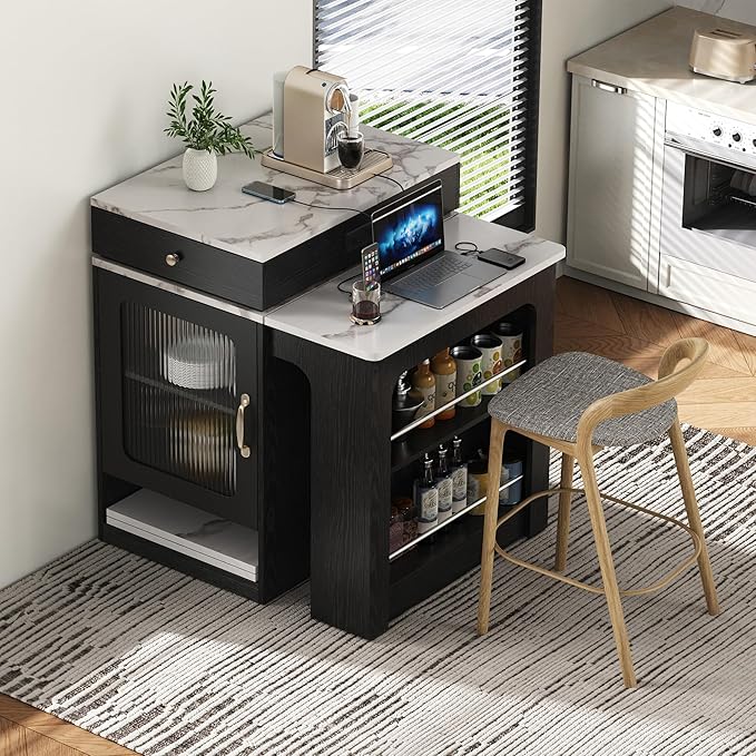 Polibi 59.5" Kitchen Island with Extendable Dining Table, 2 Drawers, Power Outlet (USB/C), Double-Sided Storage & Side Open Shelves,Kitchen Storage Table for Dining Room,Black