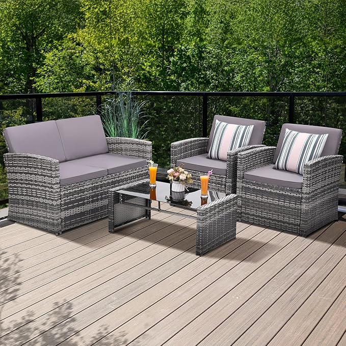 KROFEM 4-Piece Patio Furniture Set, Wicker Outdoor Rattan Sectional Sofa with Cushions and Glass Table, All-Weather Outdoor Conversation Set, Ideal for Garden, Porch, Backyard, Grey