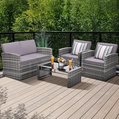 KROFEM 4-Piece Patio Furniture Set, Wicker Outdoor Rattan Sectional Sofa with Cushions and Glass Table, All-Weather Outdoor Conversation Set, Ideal for Garden, Porch, Backyard, Grey