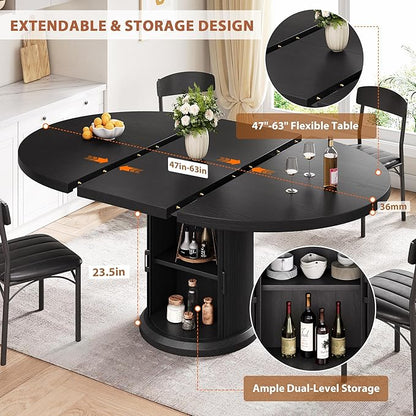 Jocoevol 47″–63″ Extendable Round Dining Table for 4–8 with Dust-Proof 2-Tier Storage Shelf Space Saving Expandable Wood Oval Circle Dinner Furniture with Pedestal Base (Black)