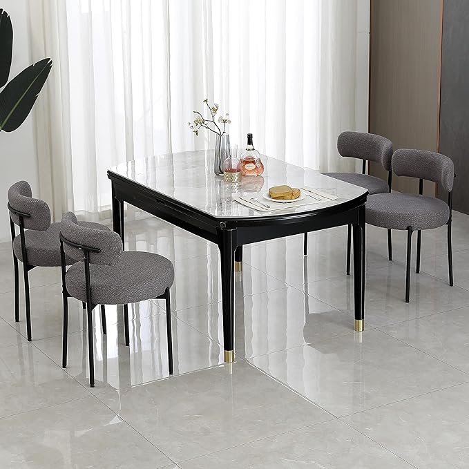 DYHOME Dark Grey Dining Chairs Set of 6, Mid-Century Modern Dining Chairs, Kitchen Dining Room Chairs, Curved Backrest Round Upholstered Boucle Sherpa Dining Chair with Black Metal Legs