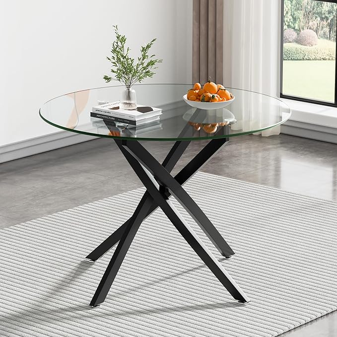Modern Glass Dining Table Round Dining Room Table with Tempered Glass Top, Black Metal Legs Circle Kitchen Dining Room Table Home Furniture, 36" D x 36" W x 30" H