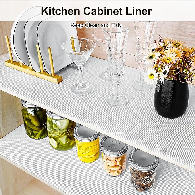 Drawer and Shelf Liner for Kitchen Cabinet,Non-Adhesive Cabinet Liners 18in x 20FT,Waterproof Shelf Paper Non-Slip Mats Cupboard Liner Contact Protect Dresser/Shelves/Table-White