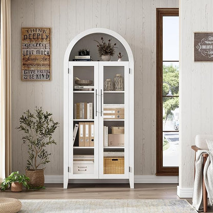 IDEALHOUSE Arched Kitchen Pantry Storage Cabinet - Farmhouse 5-Tier Display Shelf with 2 Large Glass Doors and Adjustable Shelf, Versatile Cupboard for Kitchen, Dining Room, Living Room, White