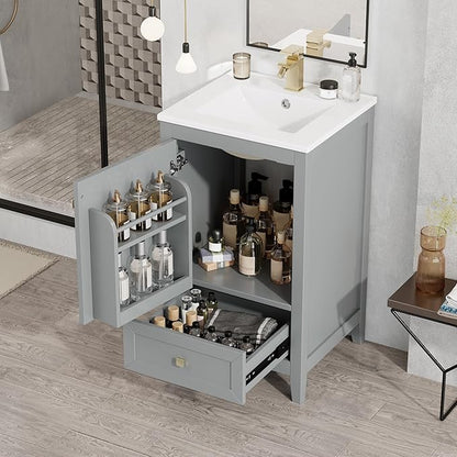 20" Bathroom Vanity with Ceramic Sink Top Set, Multi-Functional Storage Cabinet with Rack Organizer and Drawer, Soft-Closing Door, Solid Wood Frame, Gray
