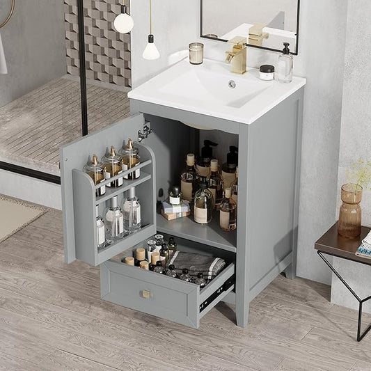 20" Bathroom Vanity with Ceramic Sink Top Set, Multi-Functional Storage Cabinet with Rack Organizer and Drawer, Soft-Closing Door, Solid Wood Frame, Gray