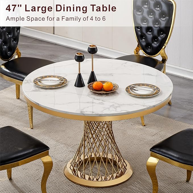47" Round Dining Table for 4-6 People, Modern Faux Marble Kitchen Table with Gold Mirrored Stainless Steel Pedestal Base, Luxury White Stone Tabletop Dinner Table for Dining Room (Table Only)