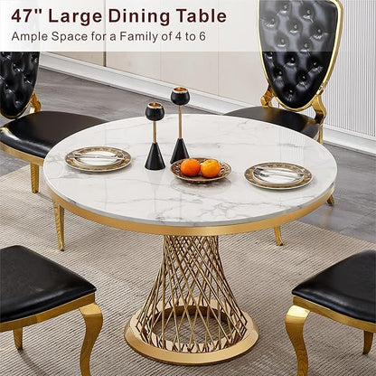 47" Round Dining Table for 4-6 People, Modern Faux Marble Kitchen Table with Gold Mirrored Stainless Steel Pedestal Base, Luxury White Stone Tabletop Dinner Table for Dining Room (Table Only)