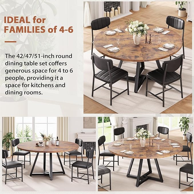 Jocoevol 51“ Round Kitchen Dining Room Table for 6-8, Circle Dining Dinner Table with Pedestal Metal Frame, Space Saving Wood Industrial Furniture for Small Space (Rustic Brown)