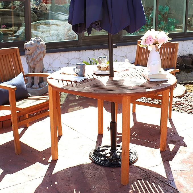 Sunnydaze Outdoor Patio Table with Umbrella Hole for Shade – 42-Inch Round Wood Dining Table for Backyard Gatherings, Outdoor Meals & Comfortable Patio Dining - Teak Oil Finish