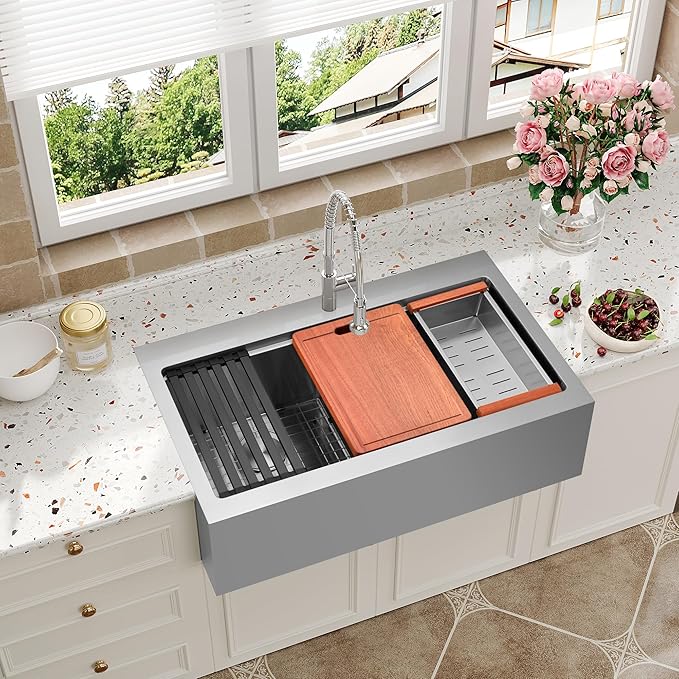 Farmhouse Kitchen Sink 36 x 22 Drop In, 50/50 Double Bowl Farm Sinks, 16 Gauge Stainless Steel Workstation Sink with Ledge & Accessories, 36 Inch Large and Deep Farm house Apron Front Sink