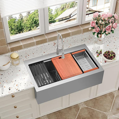 Farmhouse Kitchen Sink 36 x 22 Drop In, 50/50 Double Bowl Farm Sinks, 16 Gauge Stainless Steel Workstation Sink with Ledge & Accessories, 36 Inch Large and Deep Farm house Apron Front Sink