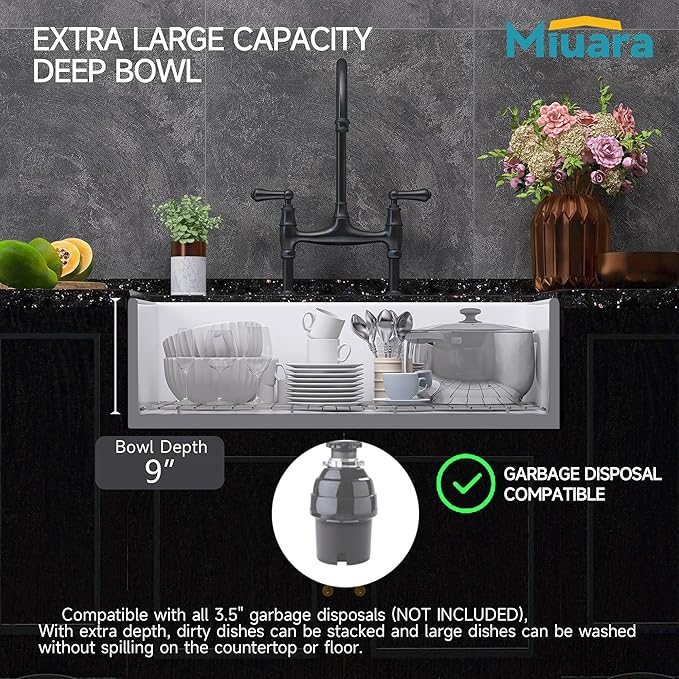 Miuara Farmhouse Sink 36 Inch - Extra Large Apron Front Kitchen Sink Reversible 36"x18"x10", Undermount Installation, Farm House ﻿Style Single Bowl, Solid Fireclay, Glossy White, for Kitchen