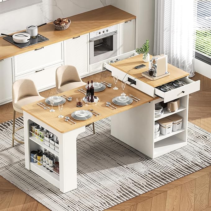 Modern Dining Table Kitchen Island with Extendable Table, Double-Sided, 2 Drawers, Power Outlet, Side Open Shelves, Wood Counter, Console,White-Wood
