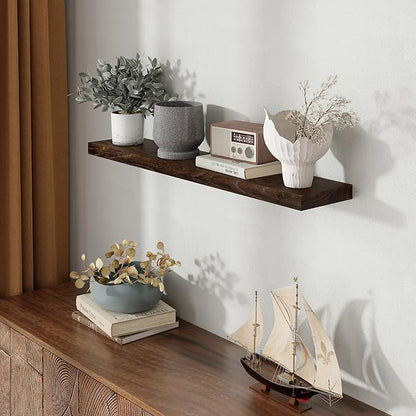 Fun Memories Wood Floating Shelves 40 Inch Long, Solid Elm Wood Wall Shelves Set of 1 for Kitchen, Living Room, Bedroom, Wall-Mounted Rustic Wooden Bathroom Shelf Storage Shelf for Farmhouse, Walnut