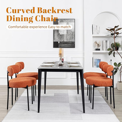 DYHOME Mid-Century Modern Dining Chairs Set of 6, Boucle Dining Chairs Upholstered with Black Metal Legs, Curved Backrest Kitchen Dining Room Chairs, Orange