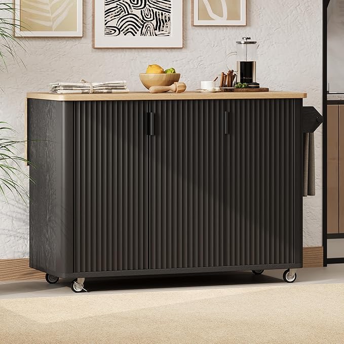RUNNA Fluted Kitchen Island with Drop Leaf, Farmhouse Accent Kitchen Island on Wheels with Internal Storage Rack,Rolling Cart with Towel Rack,Dining Room,Black Ash (Black@046)