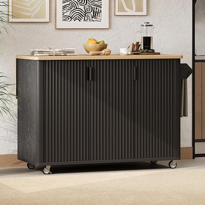 RUNNA Fluted Kitchen Island with Drop Leaf, Farmhouse Accent Kitchen Island on Wheels with Internal Storage Rack,Rolling Cart with Towel Rack,Dining Room,Black Ash (Black@046)