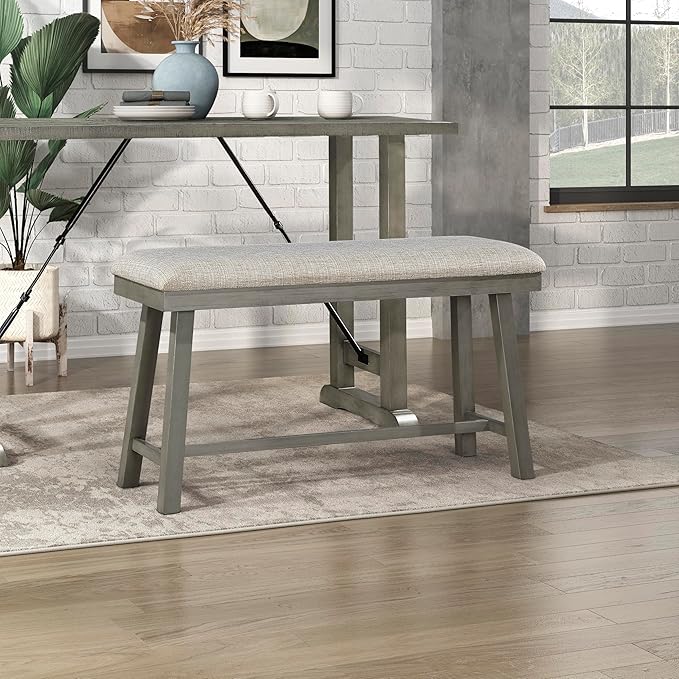 Lexicon Counter Height Bench for Dining Room Table, 41.5" Wood Bench with Grey Padded Seat for Home and Kitchen, Indoor Wooden Bench for Dining Room, Kitchen Bench, Dining Bench, Easy Assembly, Grey