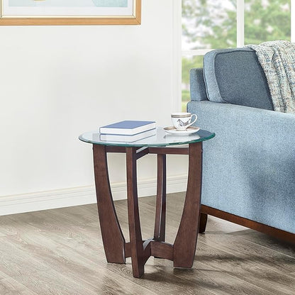 23.5" Round Side Tables, Small Space End Table with Tempered Glass Tabletop, Glass Coffee Table with Cross and Solid Wood Base, Small Night Stand for Living Room Cherry