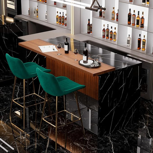 Modern Bar Table and Bar Stools Set, Marble-Look Counter Table with Wood Accent Top & Green Velvet Bar Chairs Set of 2 with Gold Legs, Kitchen Island Pub Table Set for Home Bar, Dining Room