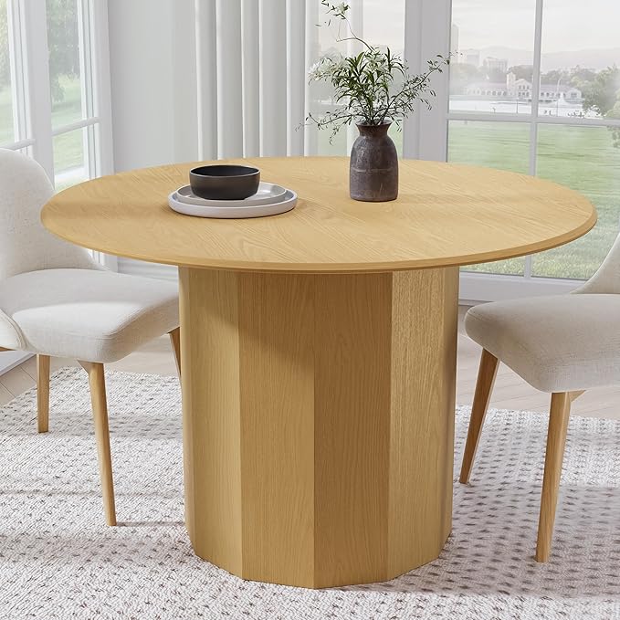 Casaphoria 46" Round Dining Table, Modern Wood Kitchen Table with Cylinder Polygonal Base for Living Room & Dining Room, Easy Assembly Farmhouse Furniture for 4-6, Oak