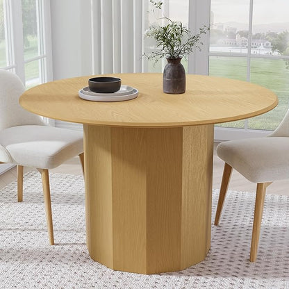 Casaphoria 46" Round Dining Table, Modern Wood Kitchen Table with Cylinder Polygonal Base for Living Room & Dining Room, Easy Assembly Farmhouse Furniture for 4-6, Oak