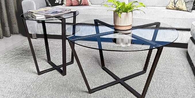 Mango Steam Round Metro Glass Coffee Table for Living Room & Dining Room - Clear Top/Black Base