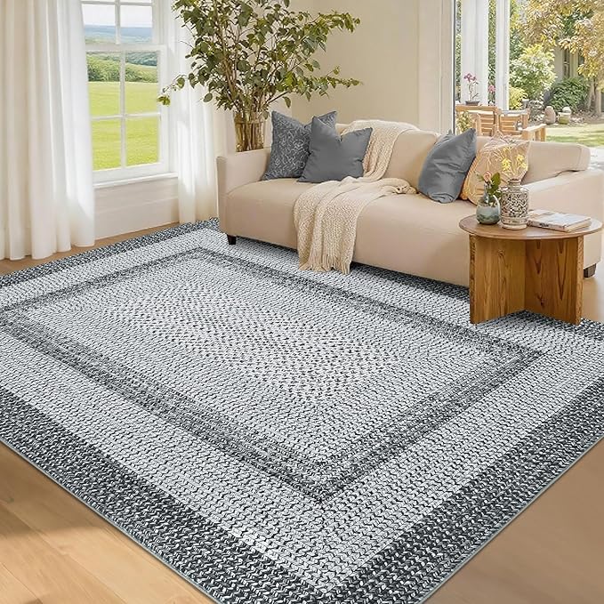 Washable Area Rug 6x9 Rug for Living Room Modern Area Rug for Bedroom Decor Grey Rug Geometric Area Rugs Bordered Non Slip Throw Rugs Stain Resistant Carpet for Nursery Dining Room 6'x9' Grey