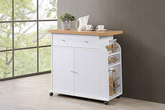 Hodedah Import Kitchen Island with Spice Rack and Towel Rack, White,
