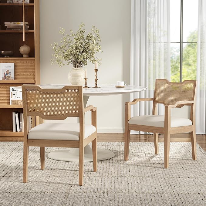 Christopher Knight Home 28" Farmhouse Barstools Set of 2, Upholstered Armchair Counter Stools with Natural Rattan Backrest, Solid Rubber Wood Dining Chairs for Kitchen Island Dining Room, Walnut+Beige