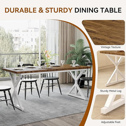 Farmhouse Dining Table for 6-8 People, 70.8 Inch Rectangular Wood Dining Table, Rustic Kitchen Table with Extra Heavy Duty Metal Legs for Dining Room - Rustic Oak/White
