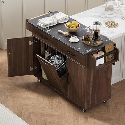 51.06" Mobile Kitchen Drop Leaf and Multipurpose Tilt-out Trash Can,Storage Cabinet w/Spice, Towel Rack & Drawer & Adjustable Shelf,Rolling Islands on Wheels, 50.25", Walnut Brown