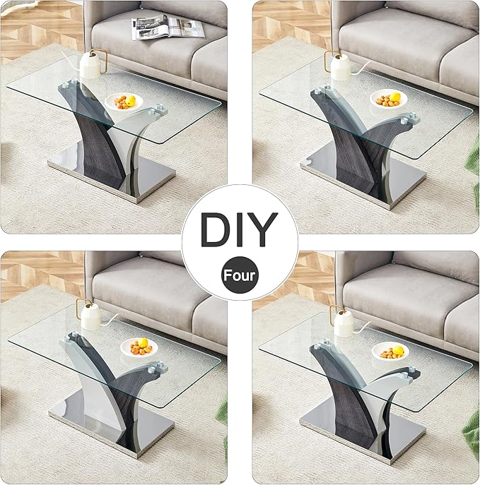 Glass Coffee Table for Living Room, 39" Modern Rectangle Coffee Tables with Tempered Glass Top and Sturdy Y-Shaped Wooden Base, Clear Center Table for Living Room, Apartment, Office
