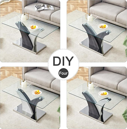 Glass Coffee Table for Living Room, 39" Modern Rectangle Coffee Tables with Tempered Glass Top and Sturdy Y-Shaped Wooden Base, Clear Center Table for Living Room, Apartment, Office