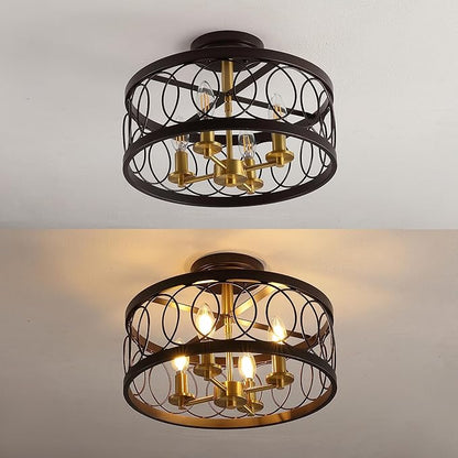 JONATHAN Y 15.5" Oil Rubbed Bronze/Brass Gold 4-Light Metal LED Semi-Flush Mount Ceiling Light, Metal Fretwork Shade for Bedroom Entryway Hallway, Traditional Round Dimmable Fixture (JYL9040B)