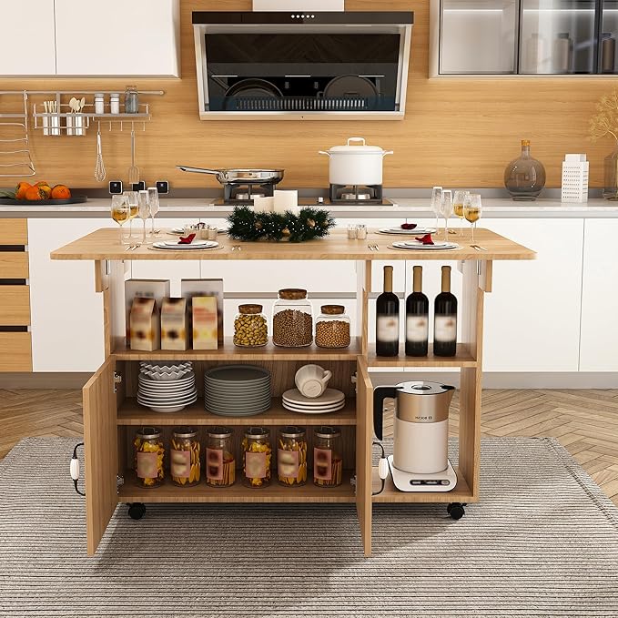 47" Folding Dining Table with Storage Shelves & Multi-Functional Rolling Kitchen Island on Wheels, Compact Desk for Small Spaces, Kitchen, Dining Room, Work, Ancient Oak
