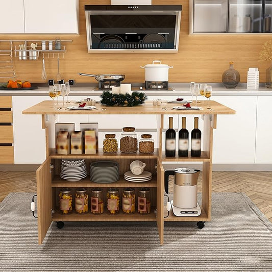 47" Folding Dining Table with Storage Shelves & Multi-Functional Rolling Kitchen Island on Wheels, Compact Desk for Small Spaces, Kitchen, Dining Room, Work, Ancient Oak