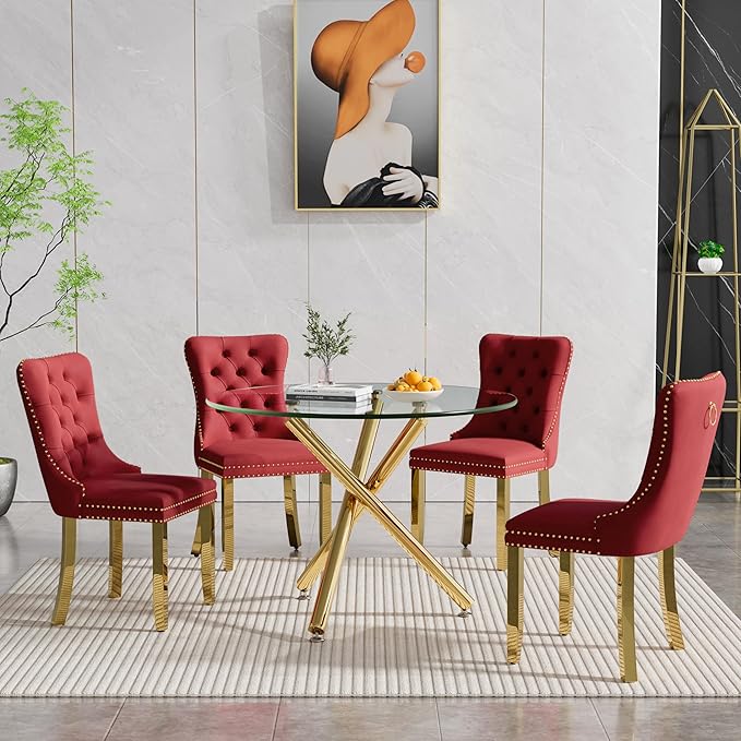 Glass Dining Table,36'' Round Dining Kitchen Table,Modern X-Design Dining Room Table with Gold Metal Base for Dining Room