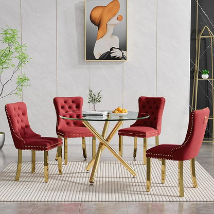 Glass Dining Table,36'' Round Dining Kitchen Table,Modern X-Design Dining Room Table with Gold Metal Base for Dining Room