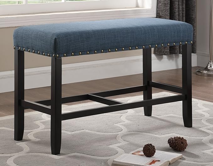 Blue Fabric Counter Height Dining Bench with Nailhead Trim, Ideal for Kitchen Islands and Dining Areas, Durable and Easy to Clean