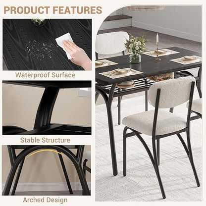 GarveeHome 5-Piece Dining Table Set for 4, Modern Kitchen Table with 4 Boucle Chairs, Rectangular Dining Table with Storage Shelf & Marble Tabletop, Beige Home Dining Furniture for Small Space