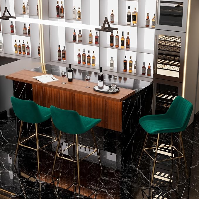 Modern Bar Table and Bar Stools Set, Marble-Look Counter Table with Wood Accent Top & Green Velvet Bar Chairs Set of 3 with Gold Legs, Kitchen Island Pub Table Set for Home Bar, Dining Room